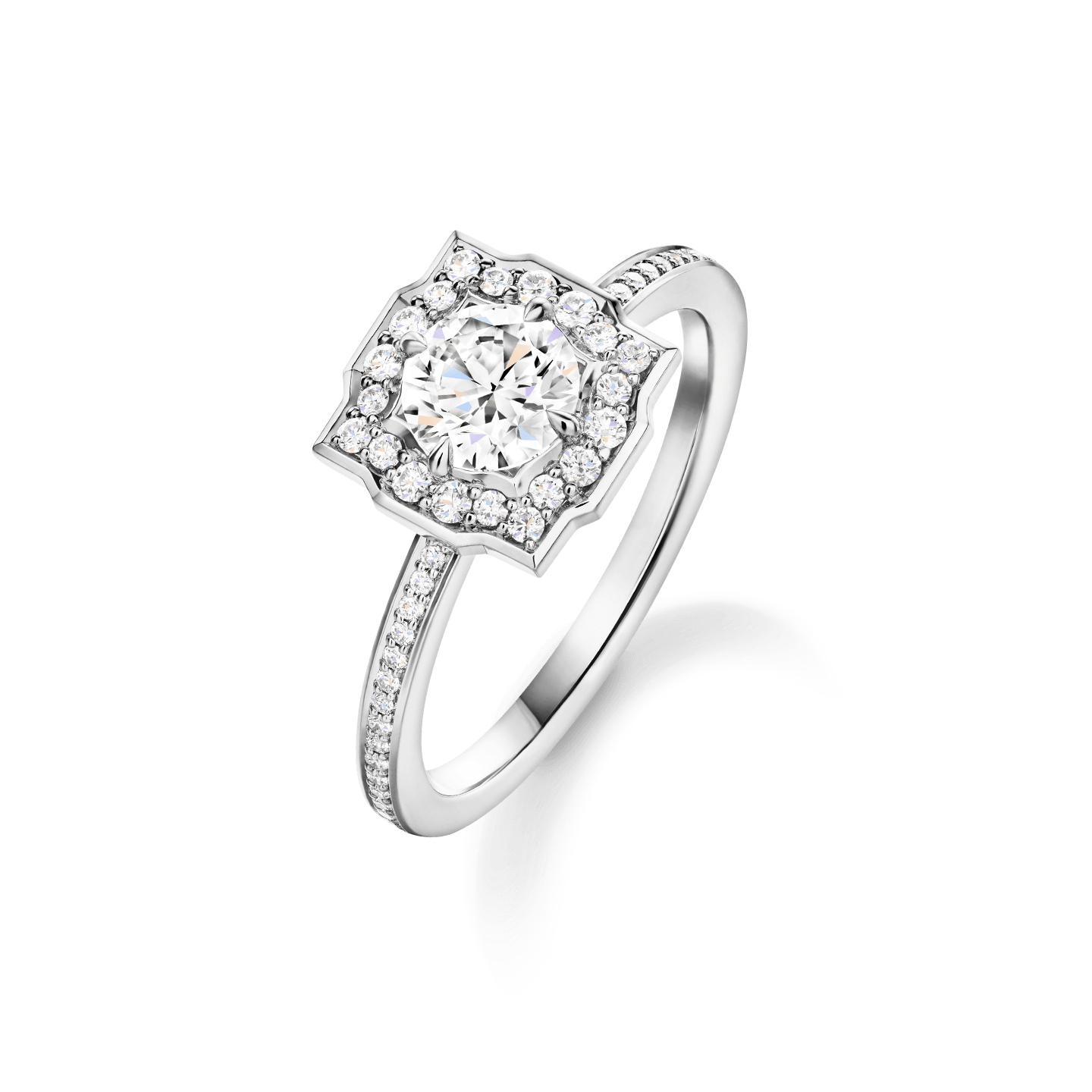 Angled view of the Belle Round Brilliant Diamond Micropavé Engagement Ring