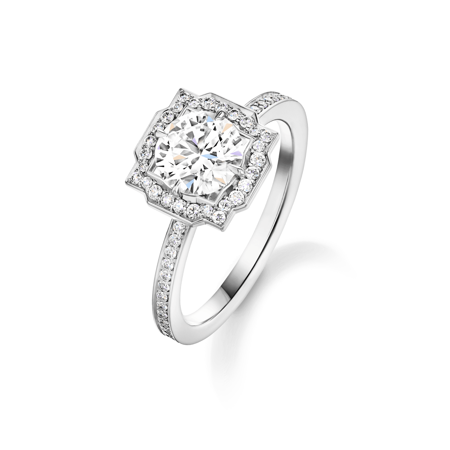 Angled view of the Belle Round Brilliant Diamond Micropavé Engagement Ring