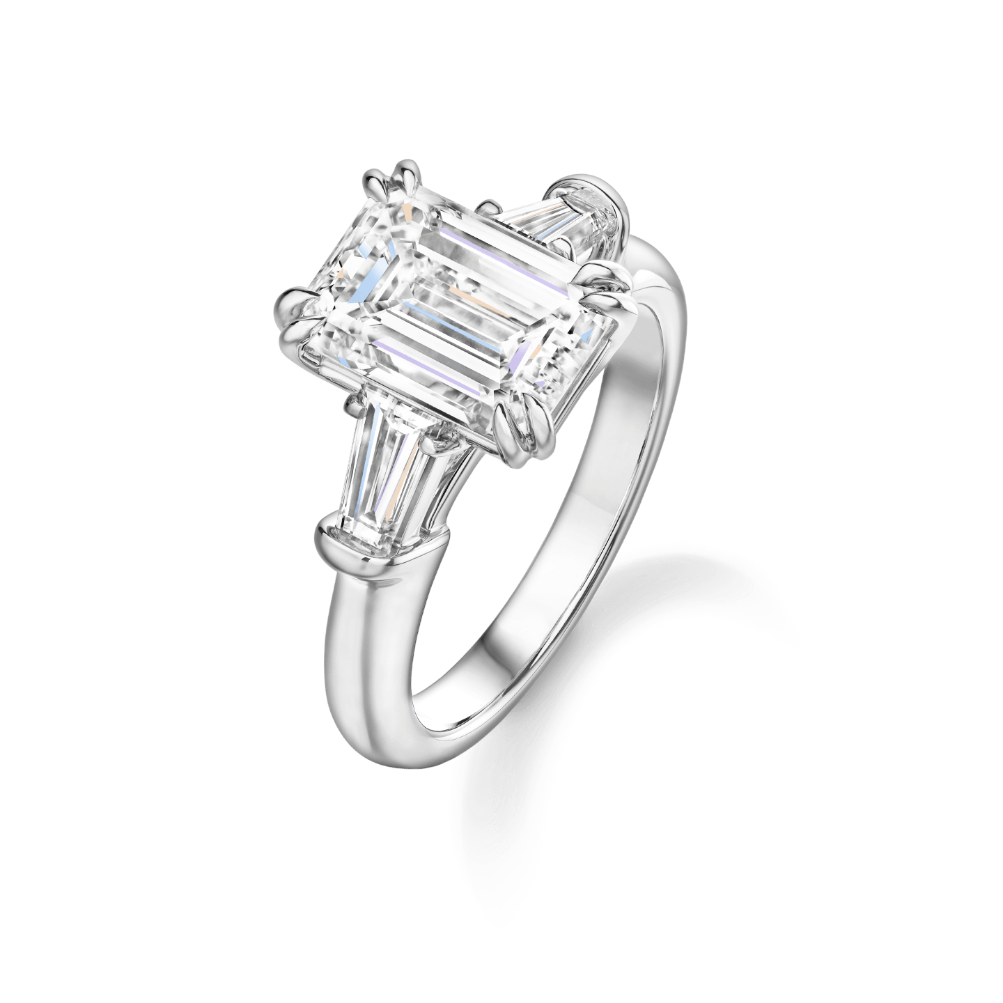 Angled view of the Classic Winston Emerald-Cut Engagement Ring with Tapered Baguette Side Stones