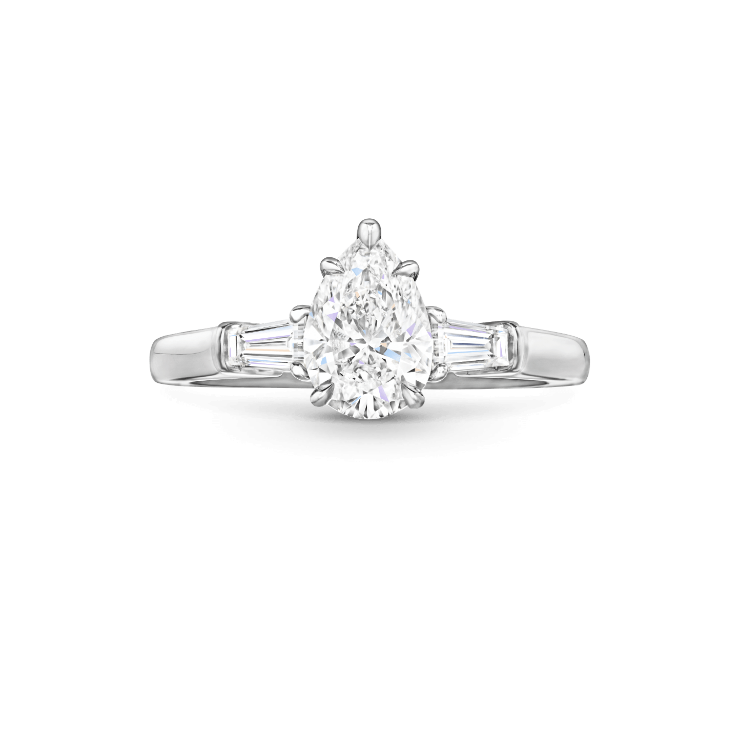 Front view of the Classic Winston Pear-Shaped Engagement Ring with Tapered Baguette Side Stones