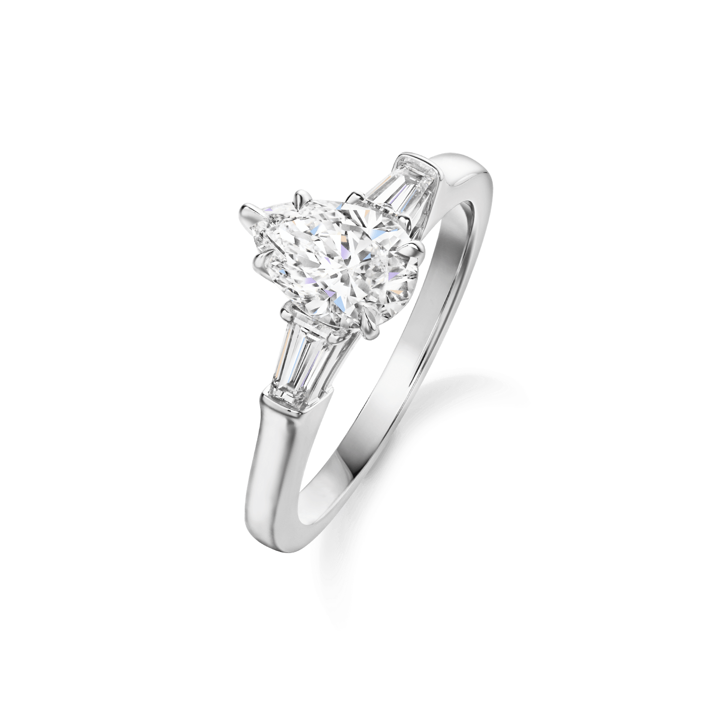 Angled view of the Classic Winston Pear-Shaped Engagement Ring with Tapered Baguette Side Stones