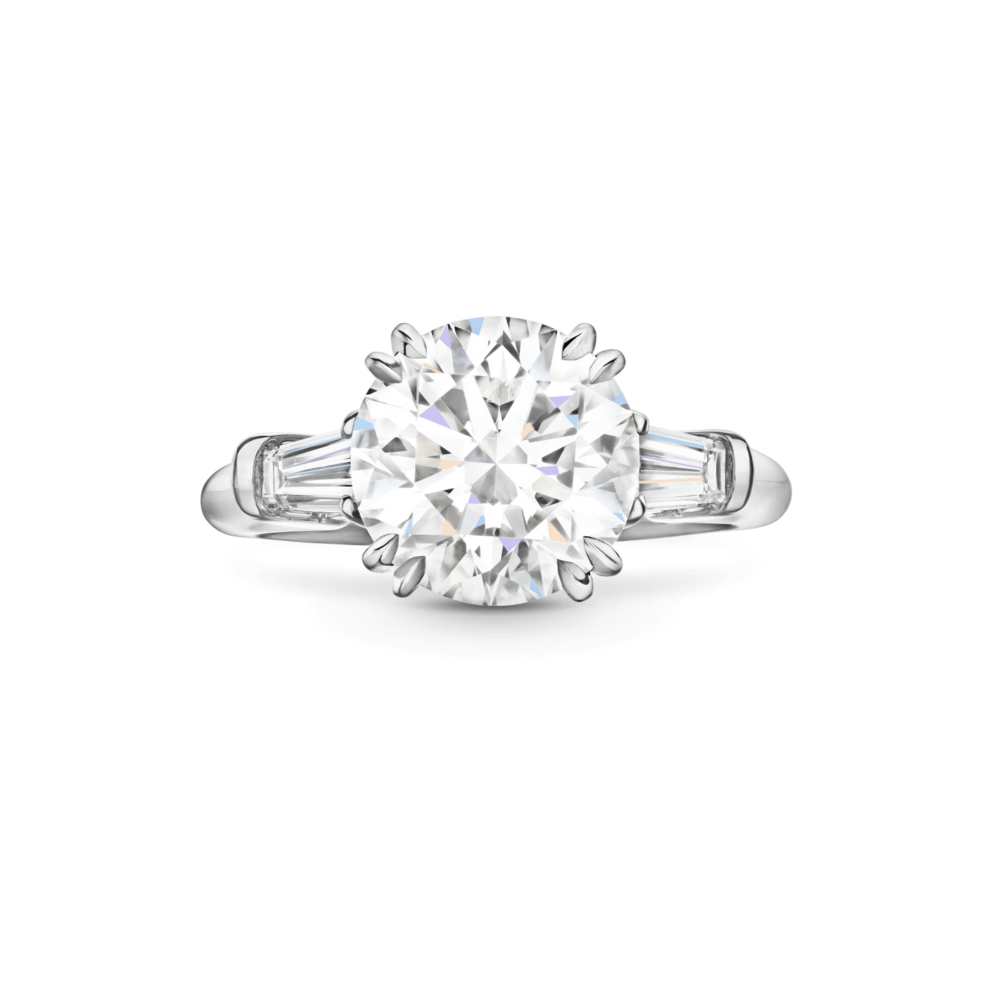 Front view of the Classic Winston Round Brilliant Engagement Ring with Tapered Baguette Side Stones